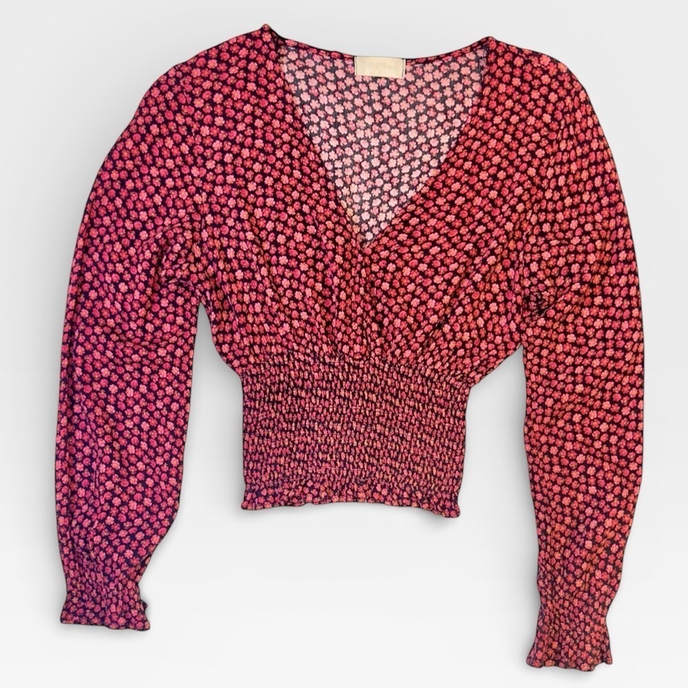Altar’d State Women's Long Sleeve VNeck Floral Black Red Pink Smocked Top XSMALL